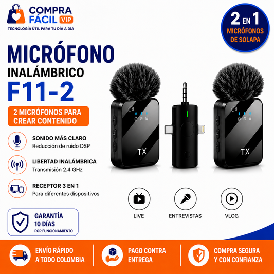 Micrófono Inalámbrico F11-2 Doble con Receptor 3 en 1