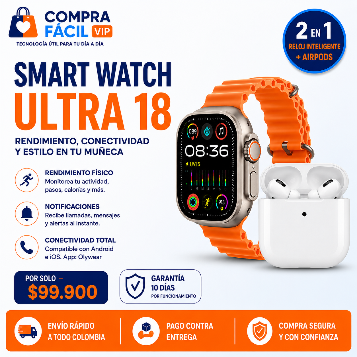 ⌚ Smart Watch Ultra 18 2 en 1 | Llamadas Bluetooth + Audífonos Inalámbricos Incluidos