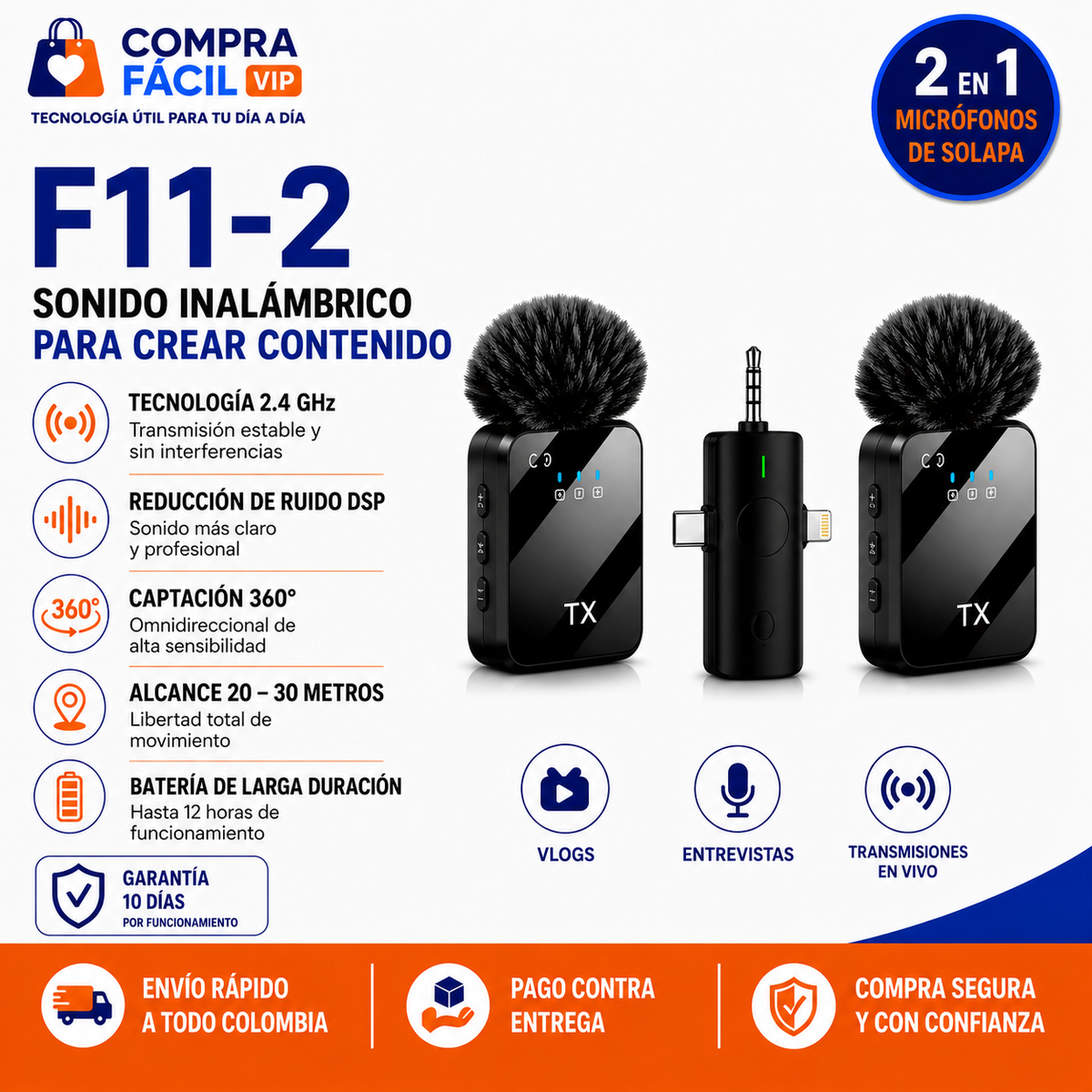 Micrófono Inalámbrico F11-2 Doble con Receptor 3 en 1