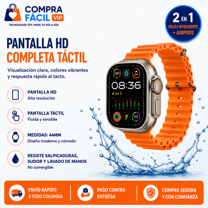 ⌚ Smart Watch Ultra 18 2 en 1 | Llamadas Bluetooth + Audífonos Inalámbricos Incluidos