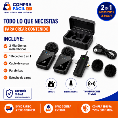 Micrófono Inalámbrico F11-2 Doble con Receptor 3 en 1