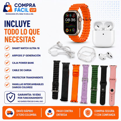 ⌚ Smart Watch Ultra 18 2 en 1 | Llamadas Bluetooth + Audífonos Inalámbricos Incluidos