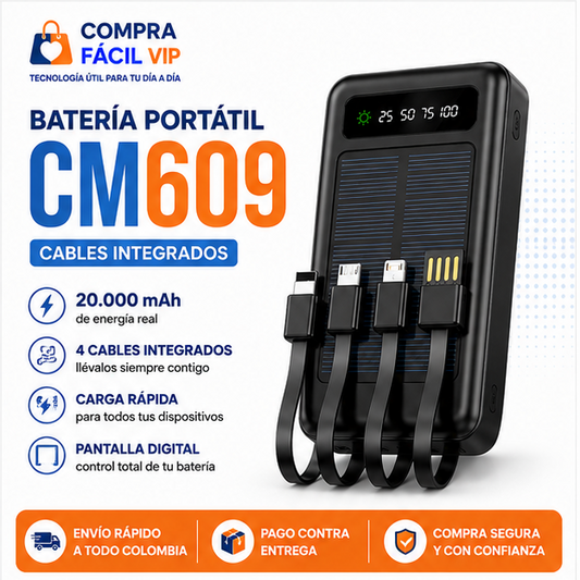 Batería portátil CM609 con cables integrados | Carga tus dispositivos sin cables extra