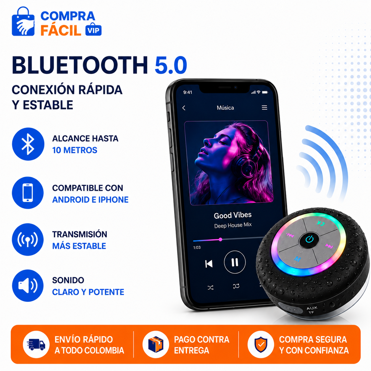 🔊 Parlante Bluetooth AquaSound RGB | Resistente al Agua con Luces LED