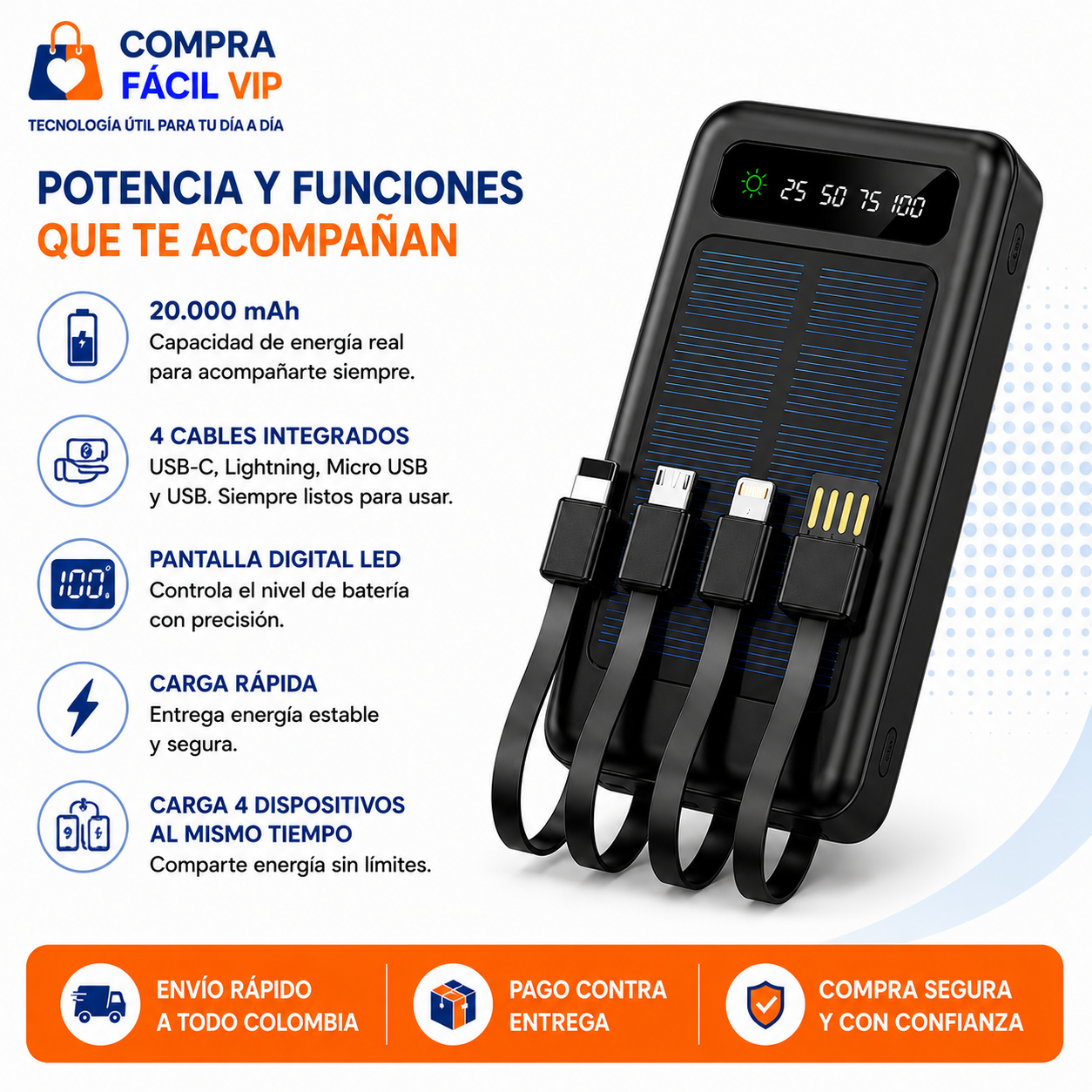 🔋 Batería Portátil CM609 20.000 mAh | Cables Integrados