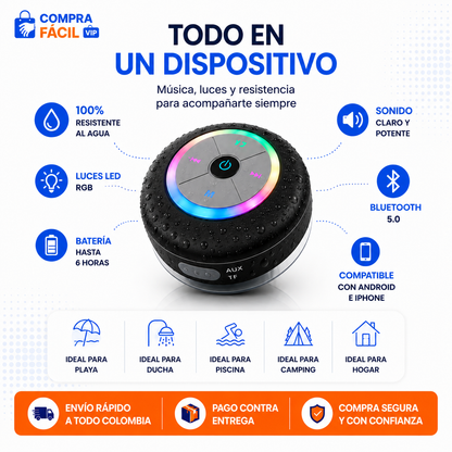 🔊 Parlante Bluetooth AquaSound RGB | Resistente al Agua con Luces LED