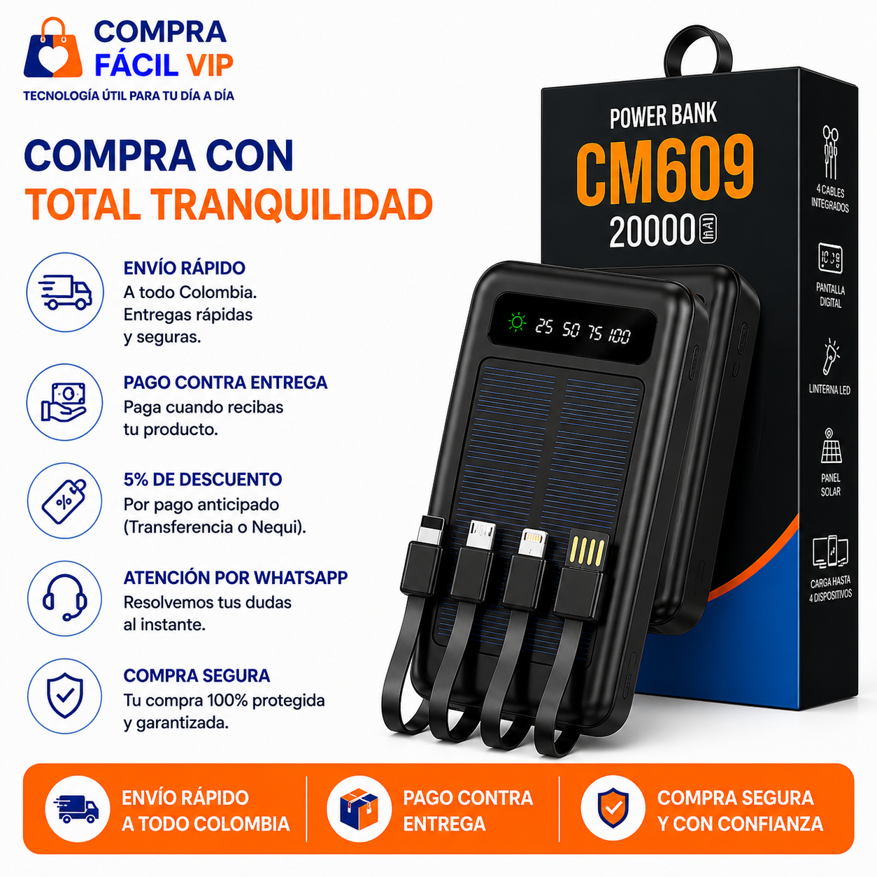 🔋 Batería Portátil CM609 20.000 mAh | Cables Integrados