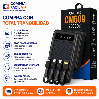 🔋 Batería Portátil CM609 20.000 mAh | Cables Integrados